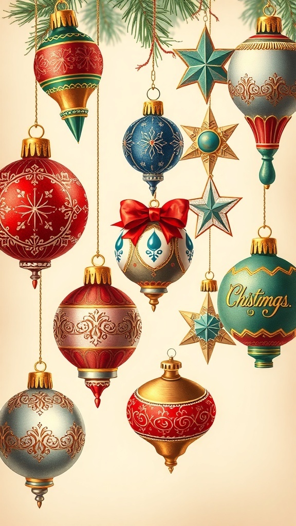 Vintage Christmas ornaments illustration showcasing colorful baubles, stars, and bells with intricate designs.